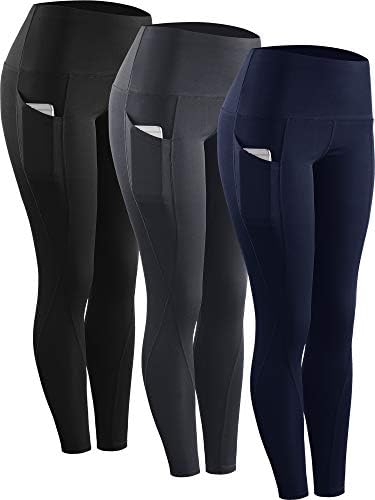 NELEUS 3 Pack Tummy Control High Waist Running Workout Leggings, Black, Grey, Navy Blue